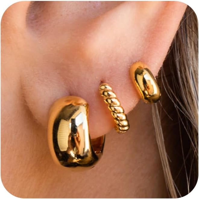 Freekiss 3 Pairs Gold Hoop Earrings Set: Dainty Stud Earrings Trendy Small 14K Gold Plated Hypoallergenic Dangle Cartilage Huggie Hoop Earrings for Women Gold Jewelry for Women Gifts