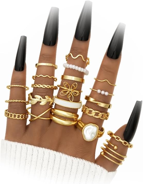 YEEZII 25 Pcs Gold Knuckle Rings Set for Women, Cute Stackable Finger Midi Rings, Dainty Gold Chunky Stacking Statement Womens ring pack