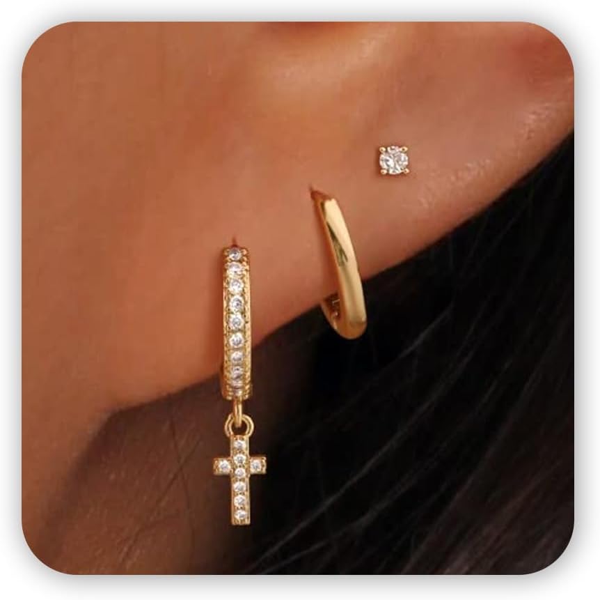 Freekiss 3 Pairs Gold Hoop Earrings Set: Dainty Stud Earrings Trendy Small 14K Gold Plated Hypoallergenic Dangle Cartilage Huggie Hoop Earrings for Women Gold Jewelry for Women Gifts