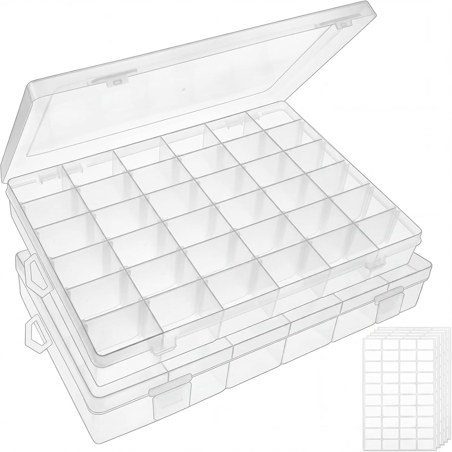 OUTUXED 2 Pack 36 Grids Clear Plastic Bead Organizer Box, Fishing Tackle Box Compartment Organizer with Adjustable Dividers for Jewelry, Art Craft, Bead Storage Containers with 5 Sheets Label Stickers