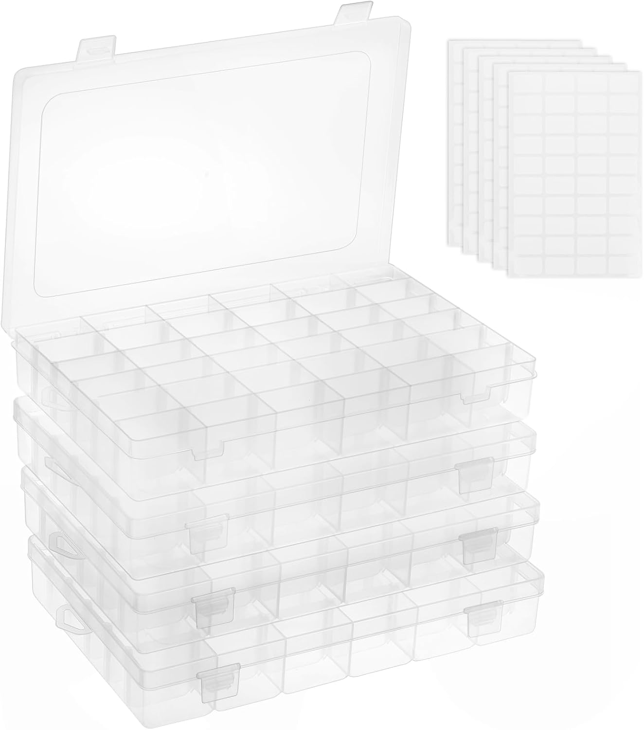 OUTUXED 2 Pack 36 Grids Clear Plastic Bead Organizer Box, Fishing Tackle Box Compartment Organizer with Adjustable Dividers for Jewelry, Art Craft, Bead Storage Containers with 5 Sheets Label Stickers