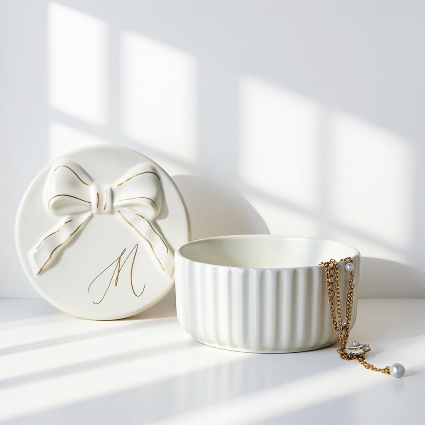 COLLECTIVE HOME Monogram Ceramic Jewelry Box with Bow - Small Jewelry Dish, Elegant Birthday, Graduation, Christmas & Women's Day Gifts (A)