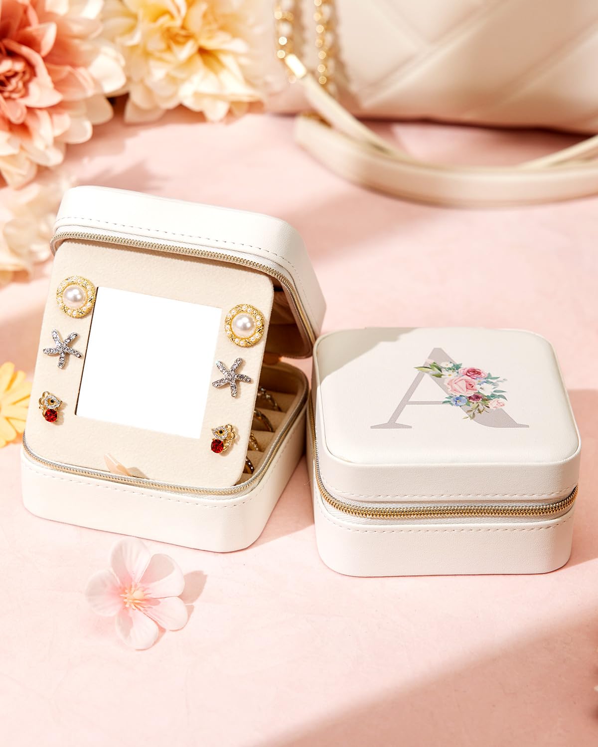 Enthralite Travel Jewelry Box for Girls: Traveling Ring Case Gift for Women - Mini Organizer for Necklaces Earrings White A
