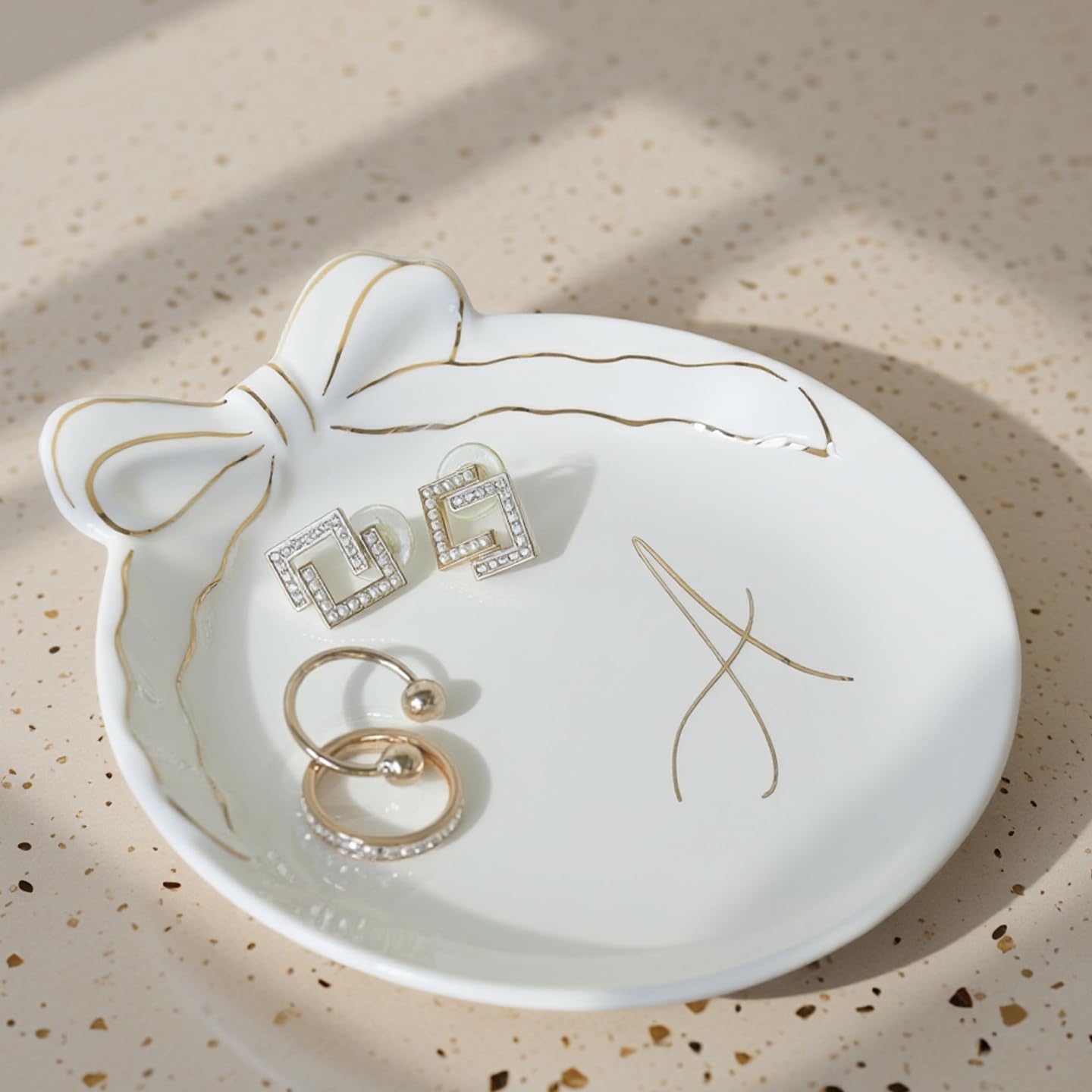COLLECTIVE HOME Custom Initial Ceramic Jewelry Tray with Bow - Ring Holder & Earring Dish | Christmas Gift Idea for Women, Unique Birthday Present for Her (M)