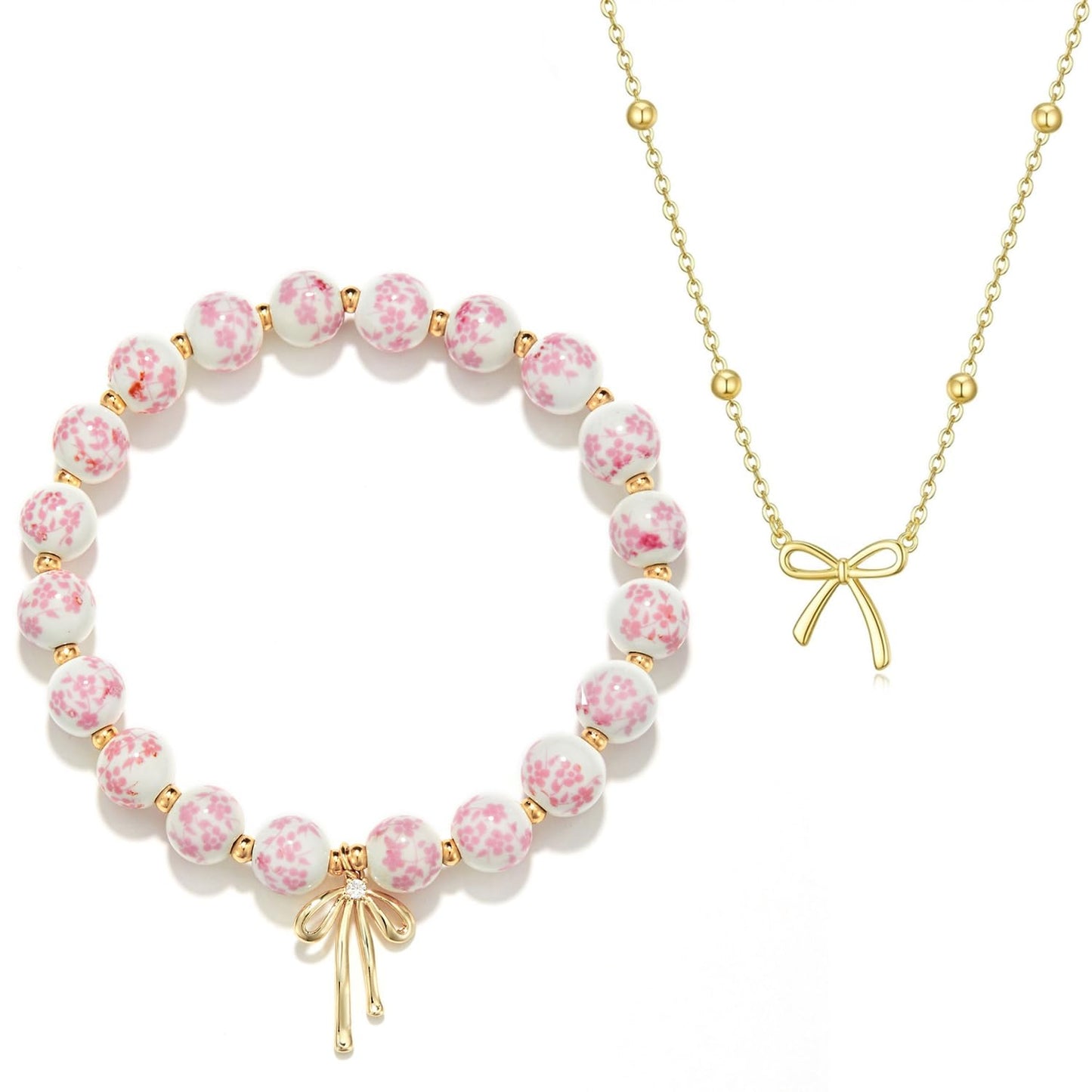 Bow Bracelet Necklace Set 14K Gold Beaded Bracelet Dainty Bow Pendant Choker Jewelry Gift Set