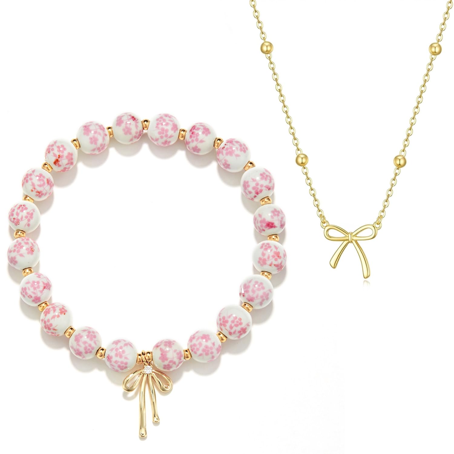 Bow Bracelet Necklace Set 14K Gold Beaded Bracelet Dainty Bow Pendant Choker Jewelry Gift Set