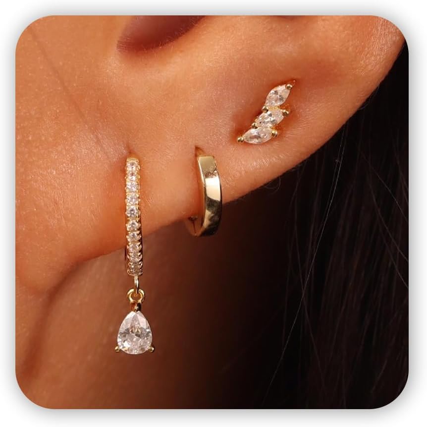 Freekiss 3 Pairs Gold Hoop Earrings Set: Dainty Stud Earrings Trendy Small 14K Gold Plated Hypoallergenic Dangle Cartilage Huggie Hoop Earrings for Women Gold Jewelry for Women Gifts
