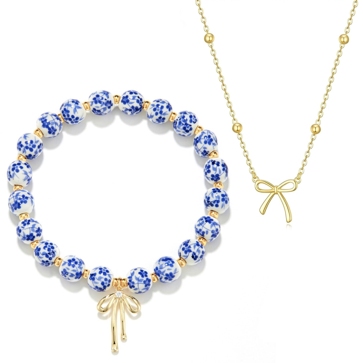 Bow Bracelet Necklace Set 14K Gold Beaded Bracelet Dainty Bow Pendant Choker Jewelry Gift Set