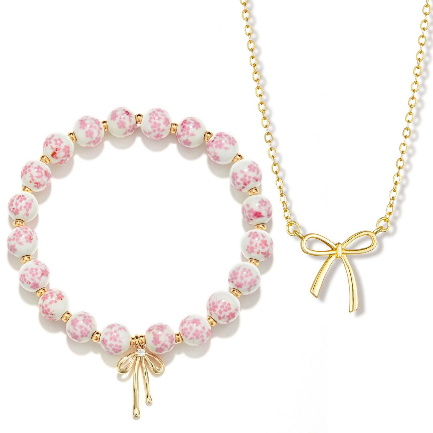 Bow Bracelet Necklace Set 14K Gold Beaded Bracelet Dainty Bow Pendant Choker Jewelry Gift Set