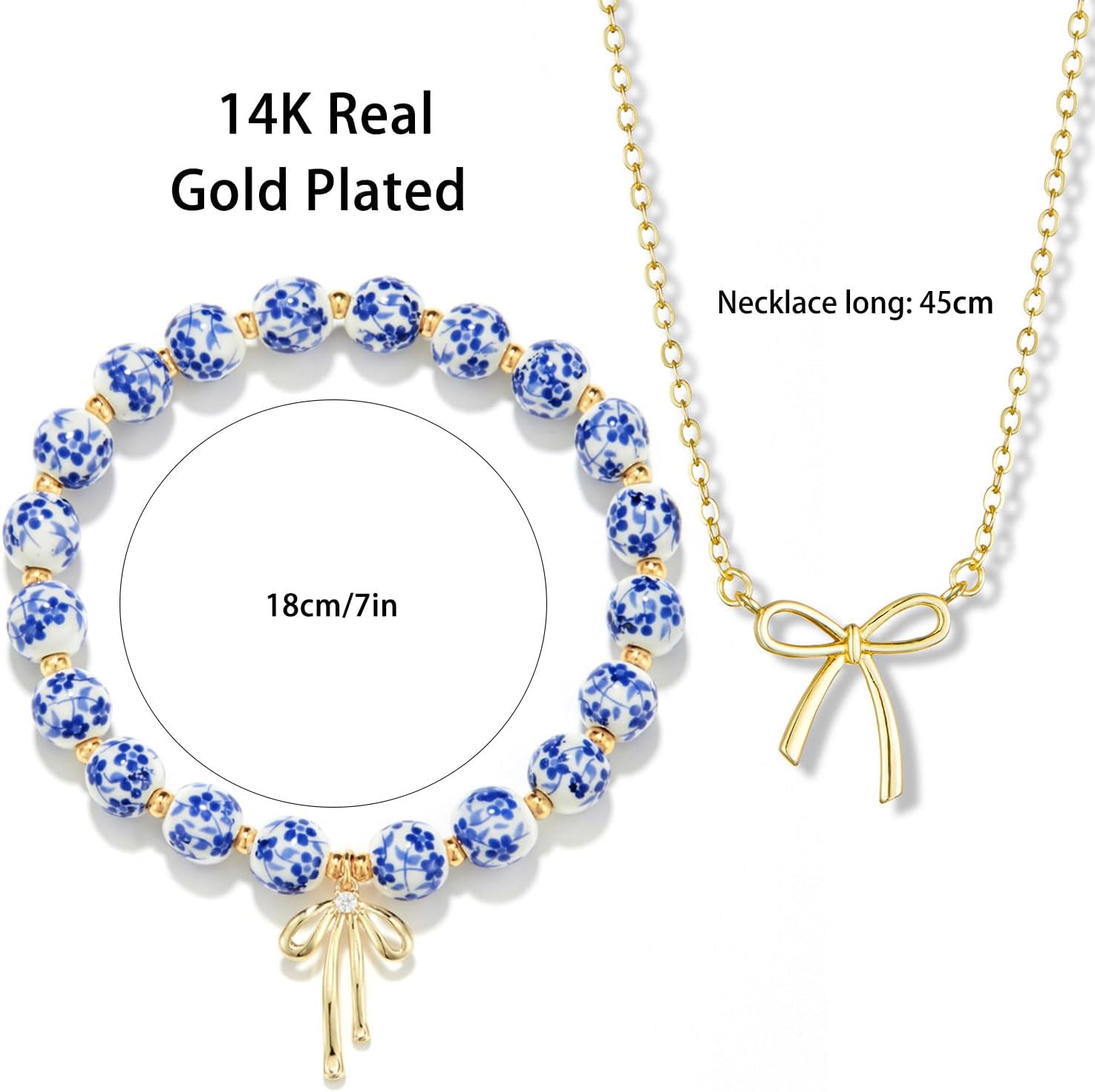 Bow Bracelet Necklace Set 14K Gold Beaded Bracelet Dainty Bow Pendant Choker Jewelry Gift Set