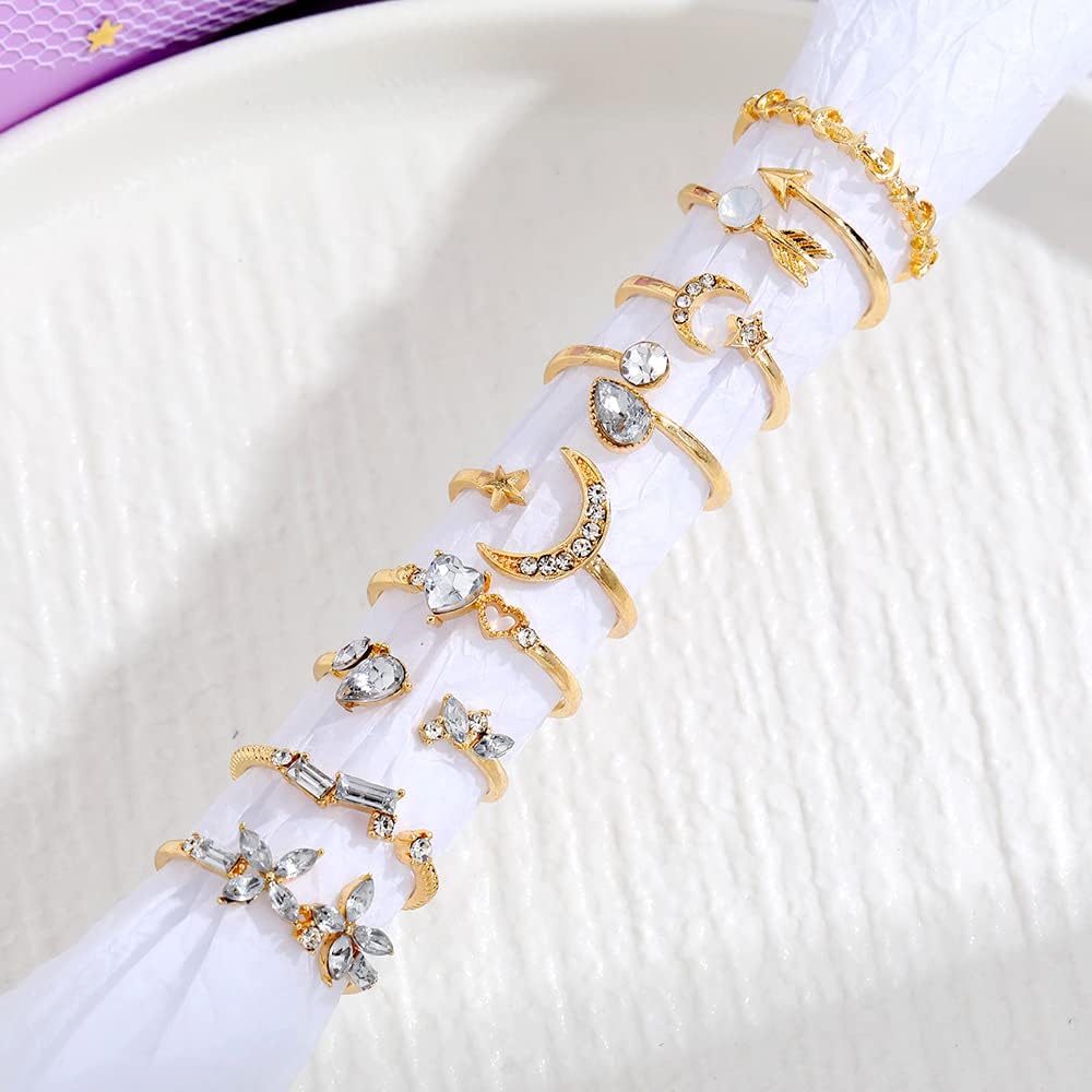 KISS WIFE Gold Stackable Moon Star Knuckle Rings Set for Women, Boho Dainty Lightweight Stacking Rings, Vintage Midi Rings Pack, Trendy Jewelry