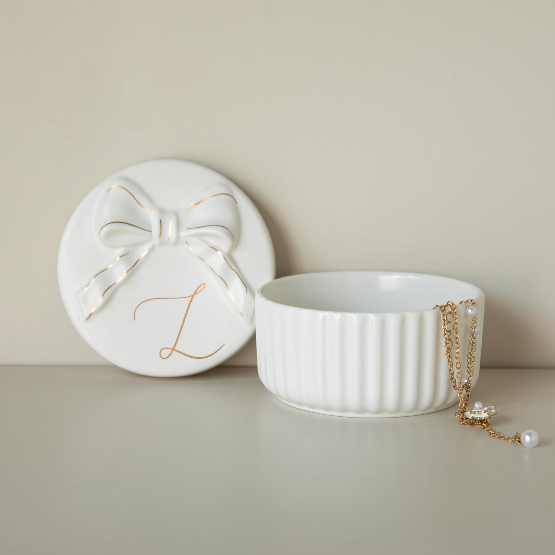 COLLECTIVE HOME Monogram Ceramic Jewelry Box with Bow - Small Jewelry Dish, Elegant Birthday, Graduation, Christmas & Women's Day Gifts (A)