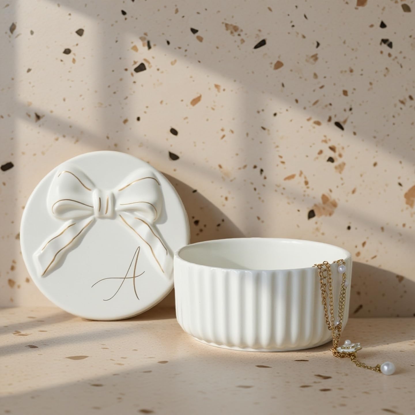 COLLECTIVE HOME Monogram Ceramic Jewelry Box with Bow - Small Jewelry Dish, Elegant Birthday, Graduation, Christmas & Women's Day Gifts (A)