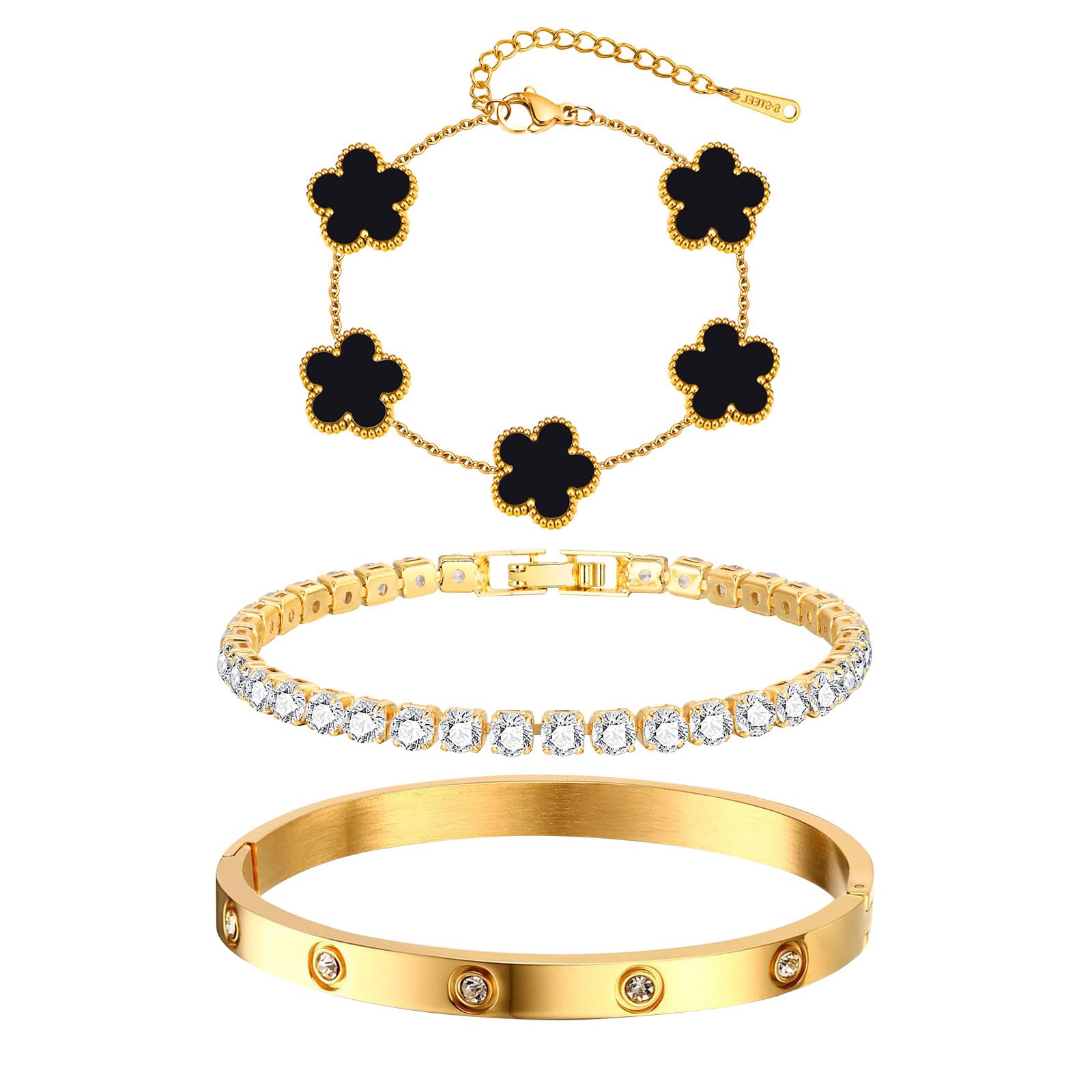 Womens Stackable Floral Gold Bracelets - 3Pcs 18K Gold Plated Bracelet,Stainless Steel Bangle Bracelets Non Tarnish, Gold Bracelet Set Trendy Jewelry,Christmas Valentines Birthday Gifts for Girlfriend