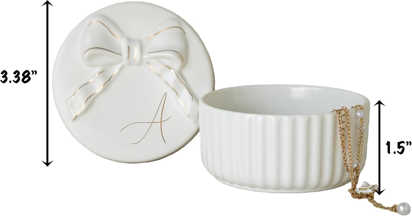 COLLECTIVE HOME Monogram Ceramic Jewelry Box with Bow - Small Jewelry Dish, Elegant Birthday, Graduation, Christmas & Women's Day Gifts (A)