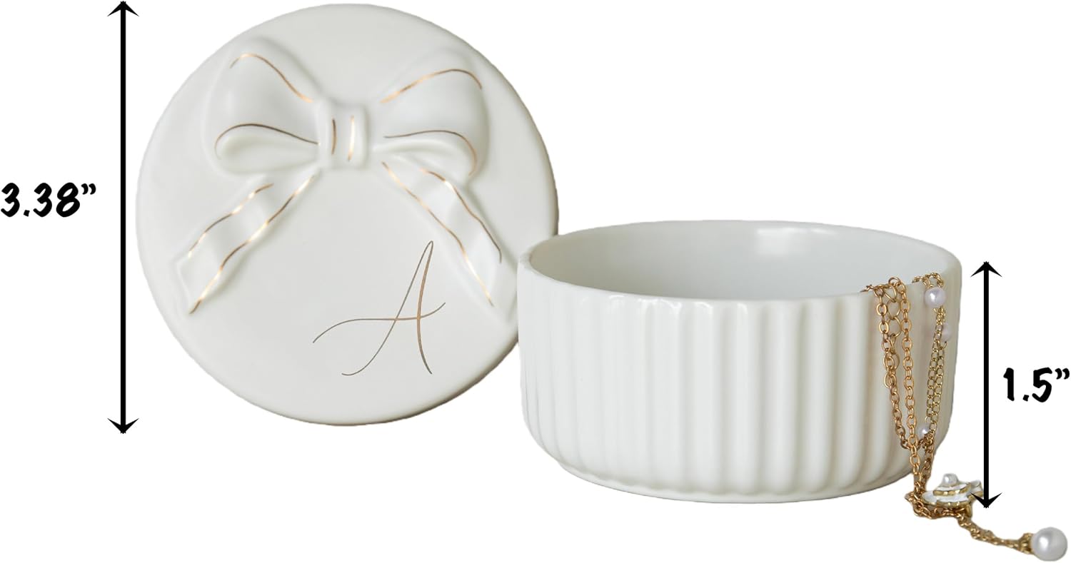 COLLECTIVE HOME Monogram Ceramic Jewelry Box with Bow - Small Jewelry Dish, Elegant Birthday, Graduation, Christmas & Women's Day Gifts (A)