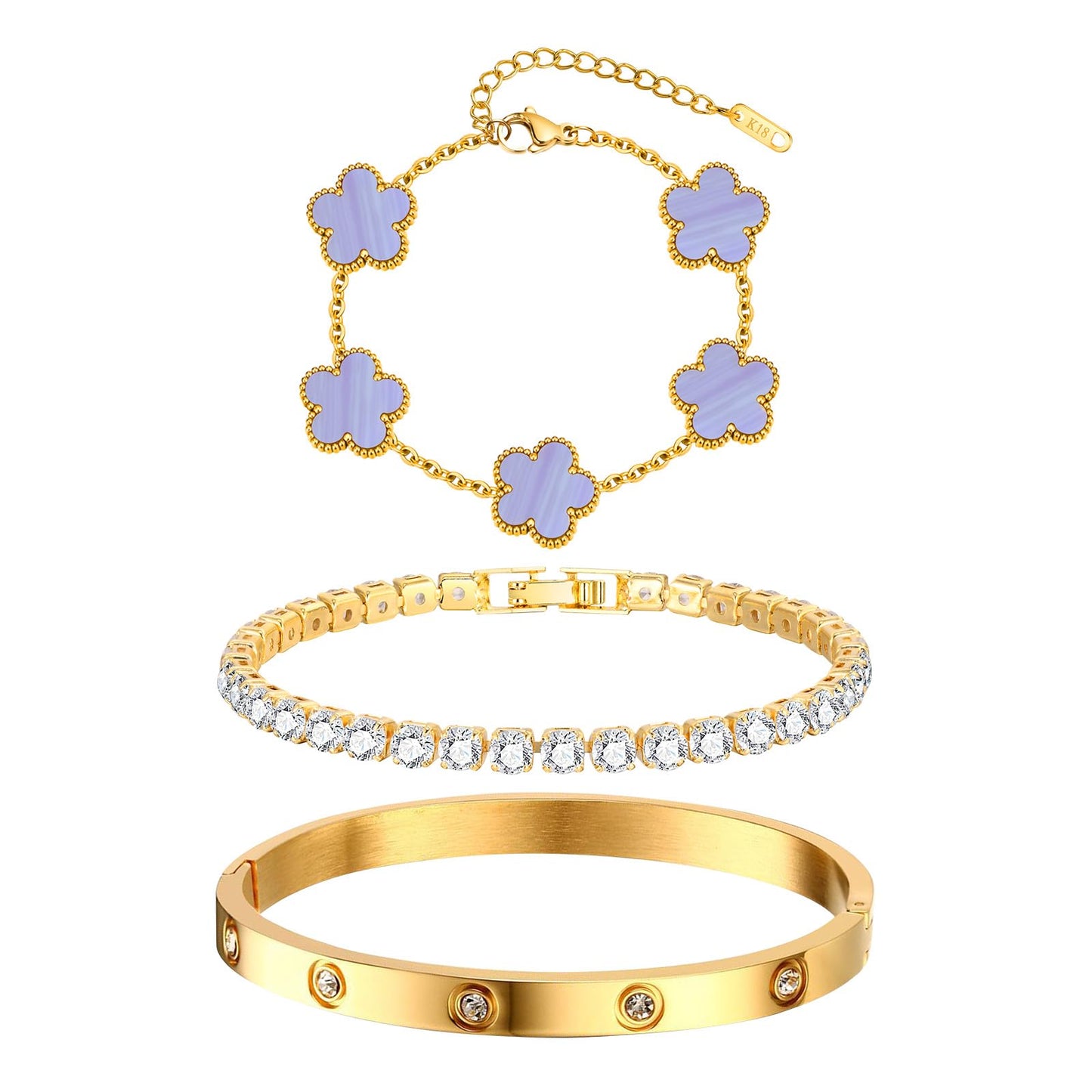 Womens Stackable Floral Gold Bracelets - 3Pcs 18K Gold Plated Bracelet,Stainless Steel Bangle Bracelets Non Tarnish, Gold Bracelet Set Trendy Jewelry,Christmas Valentines Birthday Gifts for Girlfriend