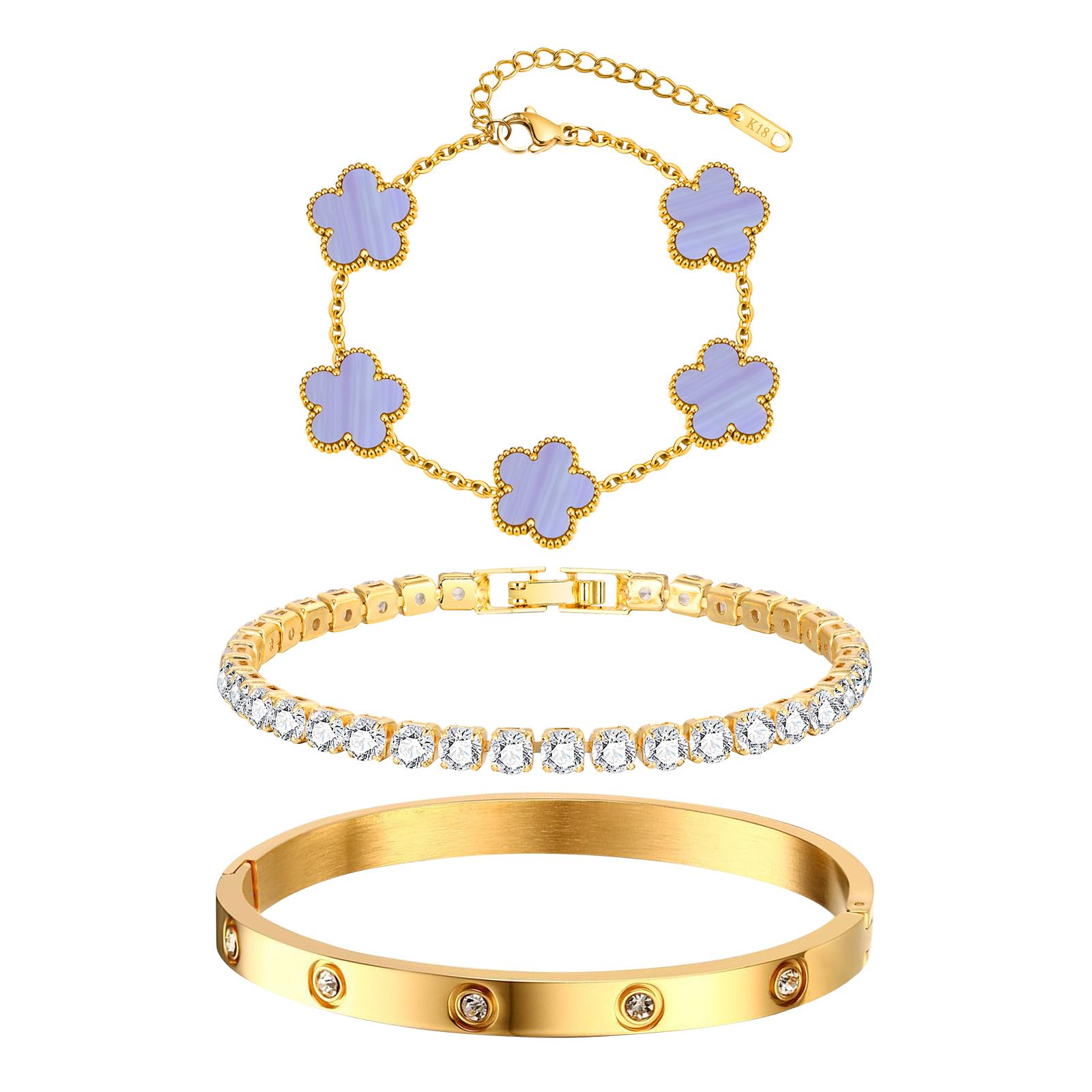 Womens Stackable Floral Gold Bracelets - 3Pcs 18K Gold Plated Bracelet,Stainless Steel Bangle Bracelets Non Tarnish, Gold Bracelet Set Trendy Jewelry,Christmas Valentines Birthday Gifts for Girlfriend