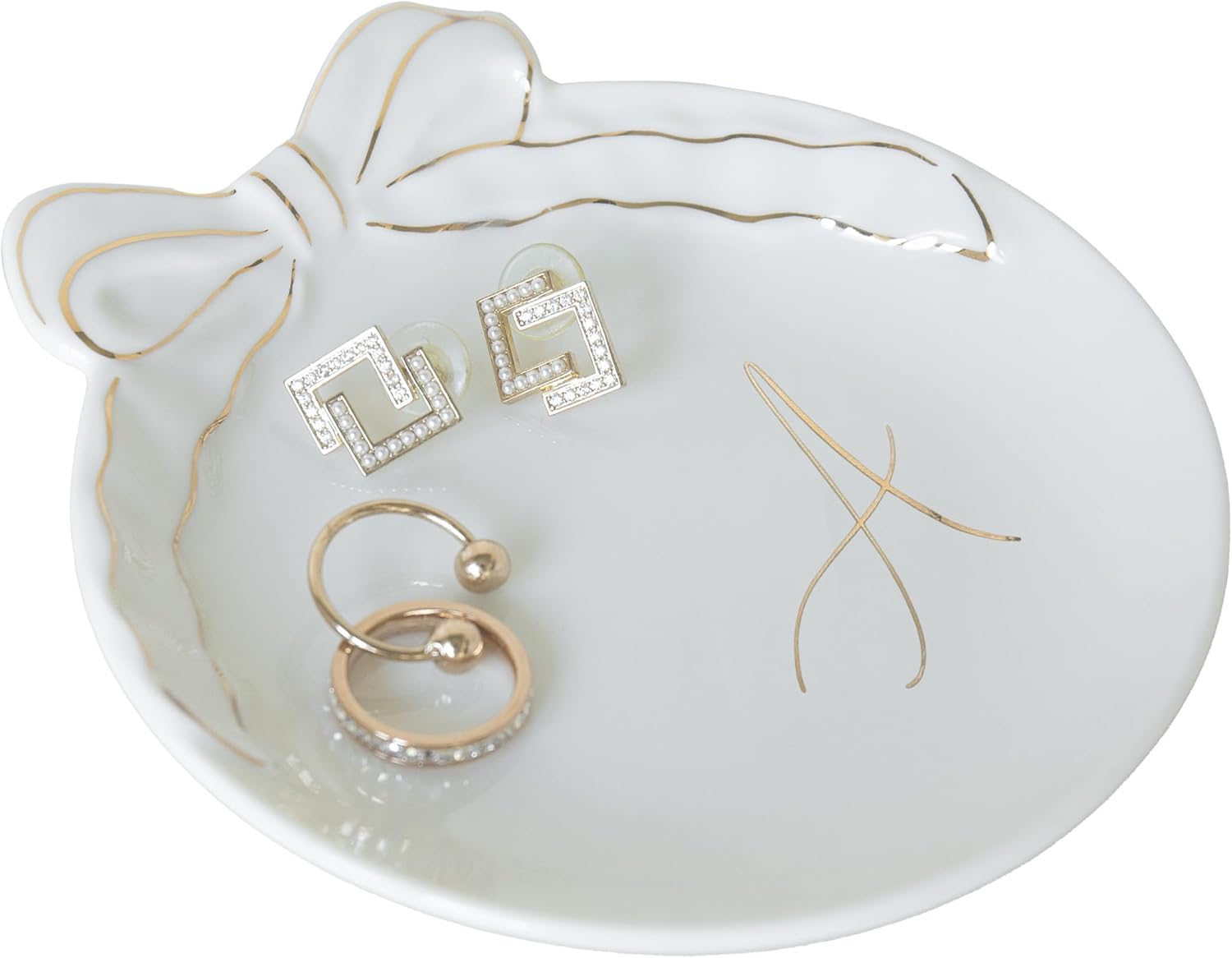 COLLECTIVE HOME Custom Initial Ceramic Jewelry Tray with Bow - Ring Holder & Earring Dish | Christmas Gift Idea for Women, Unique Birthday Present for Her (A)