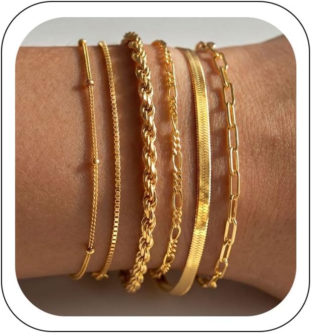 DEARMAY Gold Bracelets for Women Waterproof, 14K Gold Plated Stackable Jewelry Sets Non Tarnish Trendy Thin Dainty Cuban Link Paperclip Chain Bracelet Stack Fashion Accessories Gifts for Womens