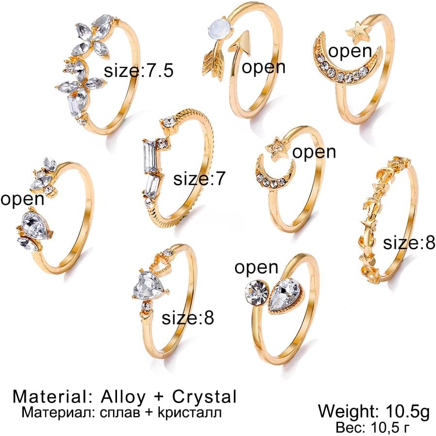 KISS WIFE Gold Stackable Moon Star Knuckle Rings Set for Women, Boho Dainty Lightweight Stacking Rings, Vintage Midi Rings Pack, Trendy Jewelry