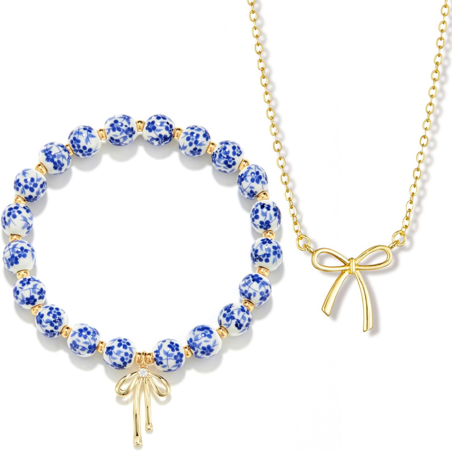 Bow Bracelet Necklace Set 14K Gold Beaded Bracelet Dainty Bow Pendant Choker Jewelry Gift Set