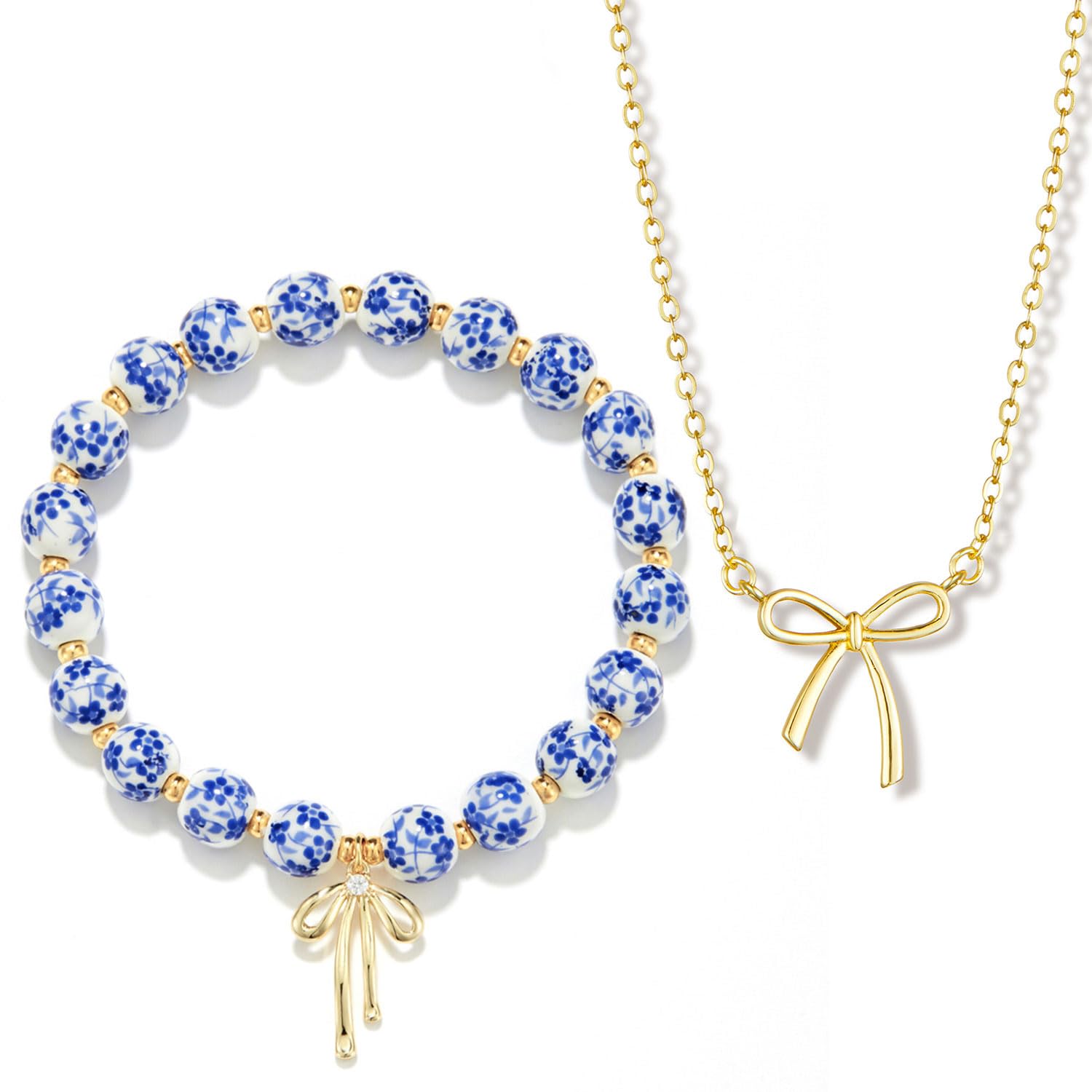 Bow Bracelet Necklace Set 14K Gold Beaded Bracelet Dainty Bow Pendant Choker Jewelry Gift Set