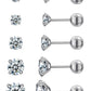 6 Pairs Stud Earrings Set, Hypoallergenic Cubic Zirconia 316L Earrings Stainless Steel CZ Earrings 3-8mm (Steel color)