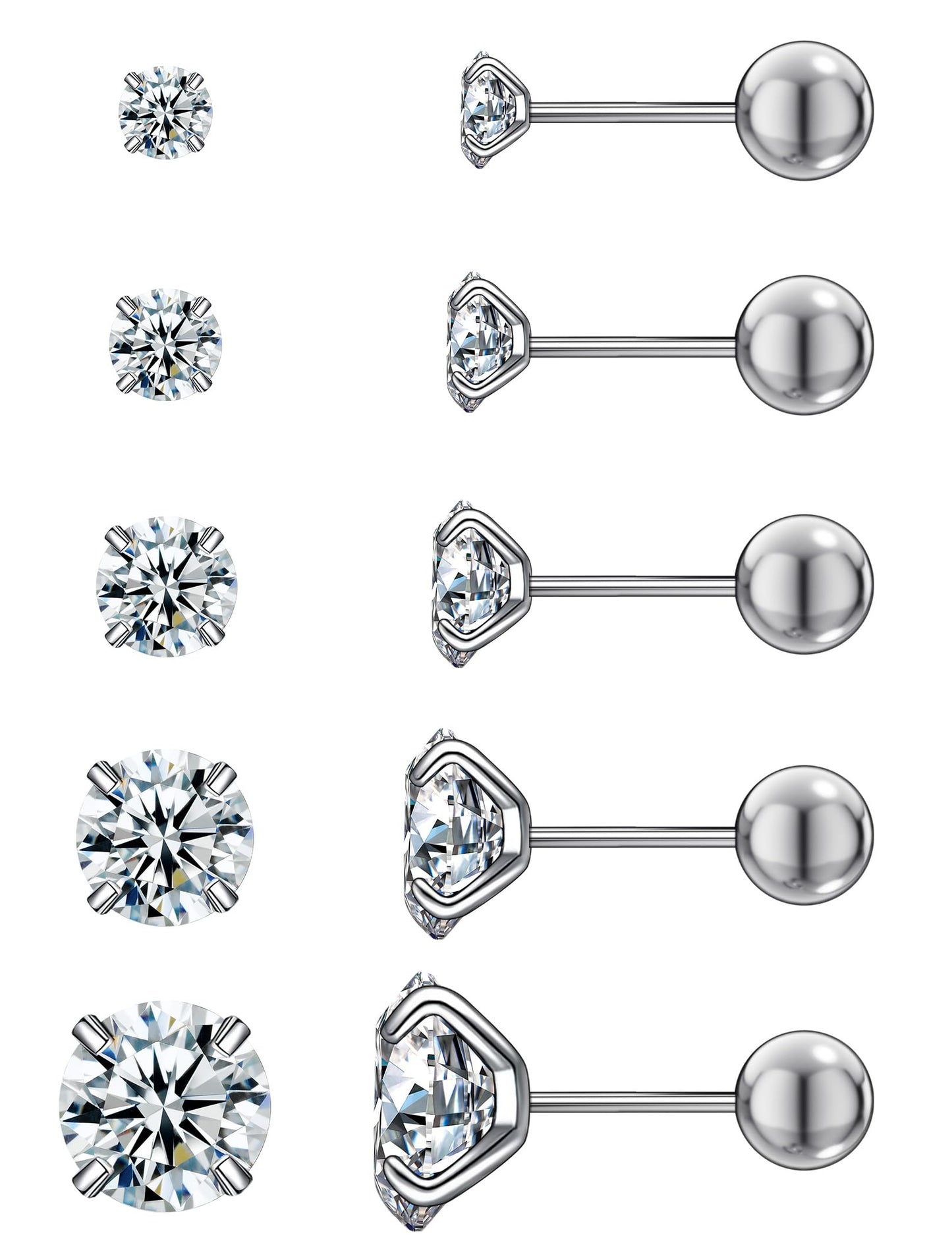 6 Pairs Stud Earrings Set, Hypoallergenic Cubic Zirconia 316L Earrings Stainless Steel CZ Earrings 3-8mm (Steel color)