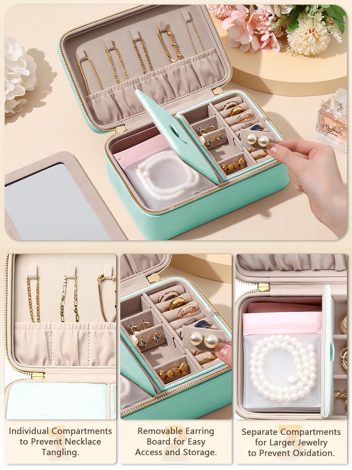 Velvet Travel Jewelry Box with Large Mirror, Double-Layer Jewelry Organizer Case for Women and Girls, Portable Storage Case with 6 Anti-Tarnish Bags Gift Ready for Her (Avocado Green)