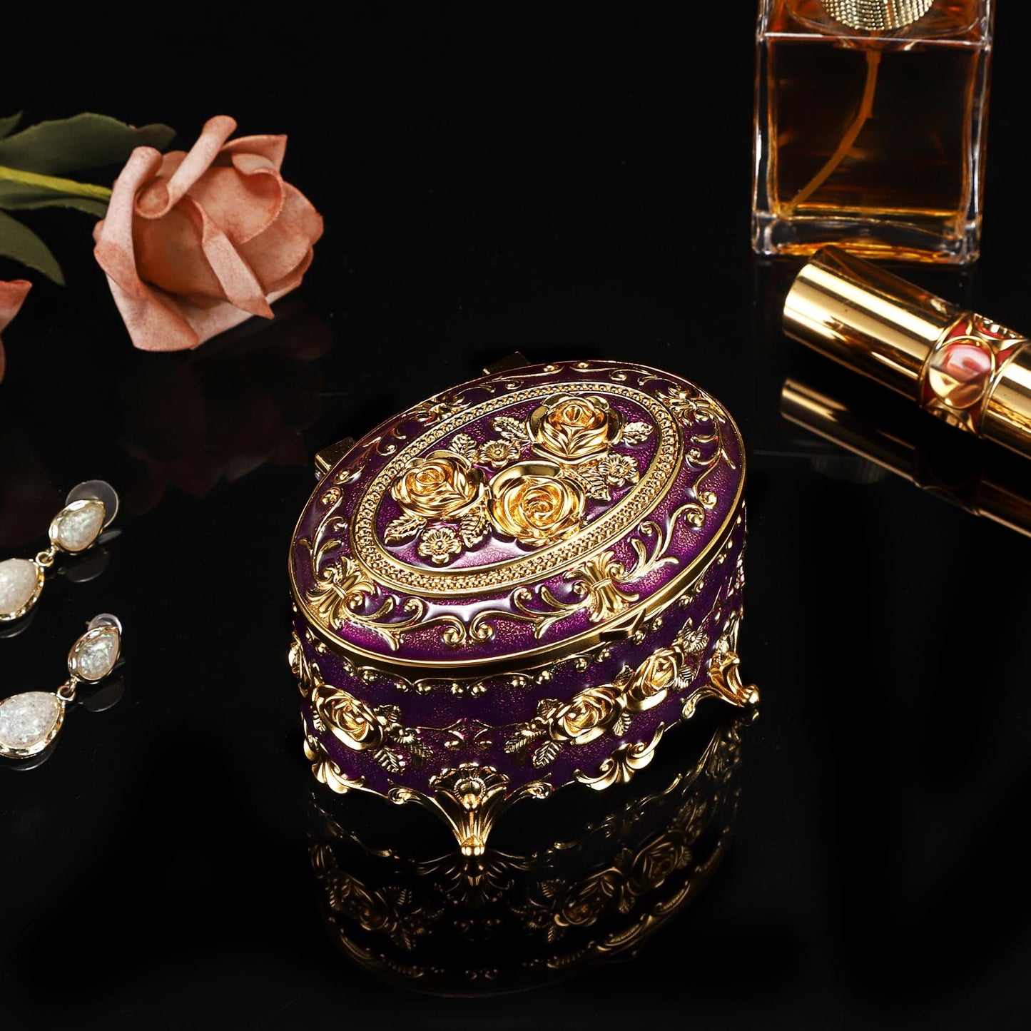 Hipiwe Vintage Metal Jewelry Box - Oval Trinket Organizer Ring Box Case with Rose Pattern Jewelry Storage Box for Ring Earrings Necklace, Gift for Women