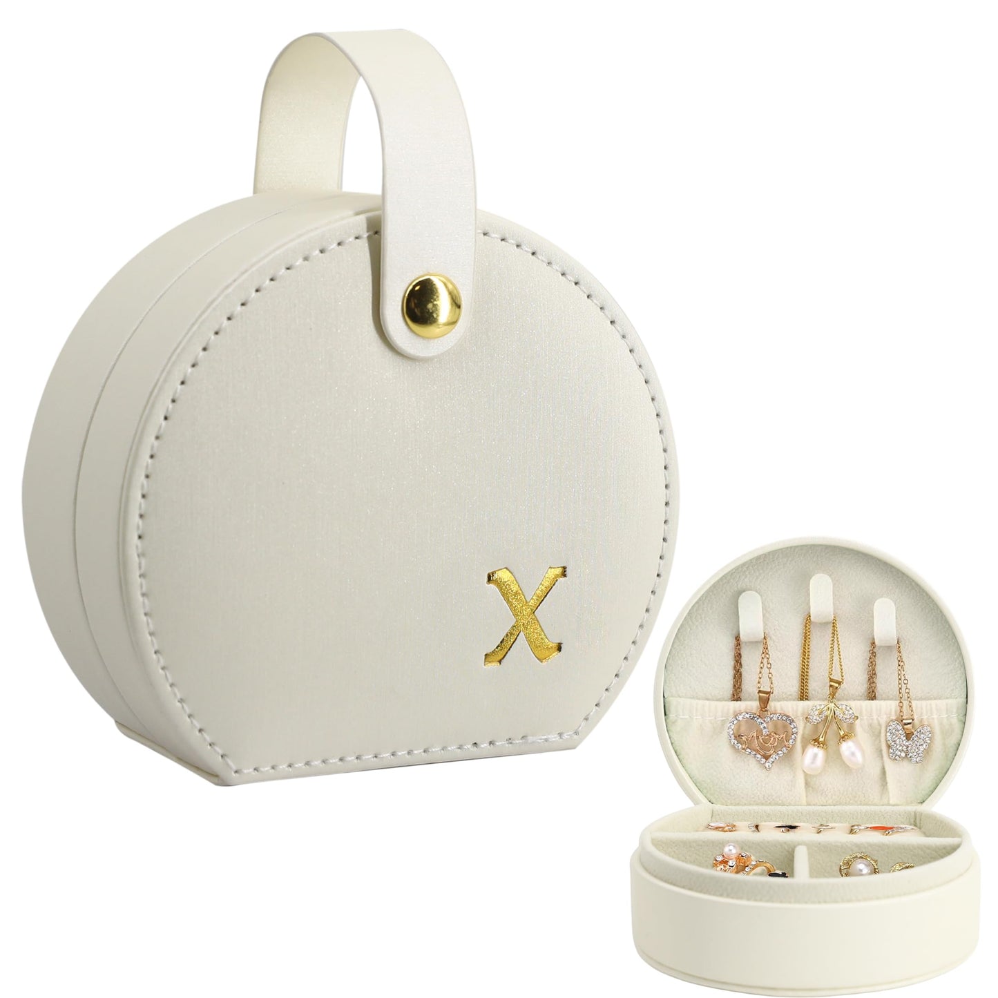 COLLECTIVE HOME - Travel Jewelry Case, Elegant Half-Moon Design with Gold Monogram, Detachable Handle, Personalized Accessory Organizer, Gift for Fashion-Forward Women and Teens (m)