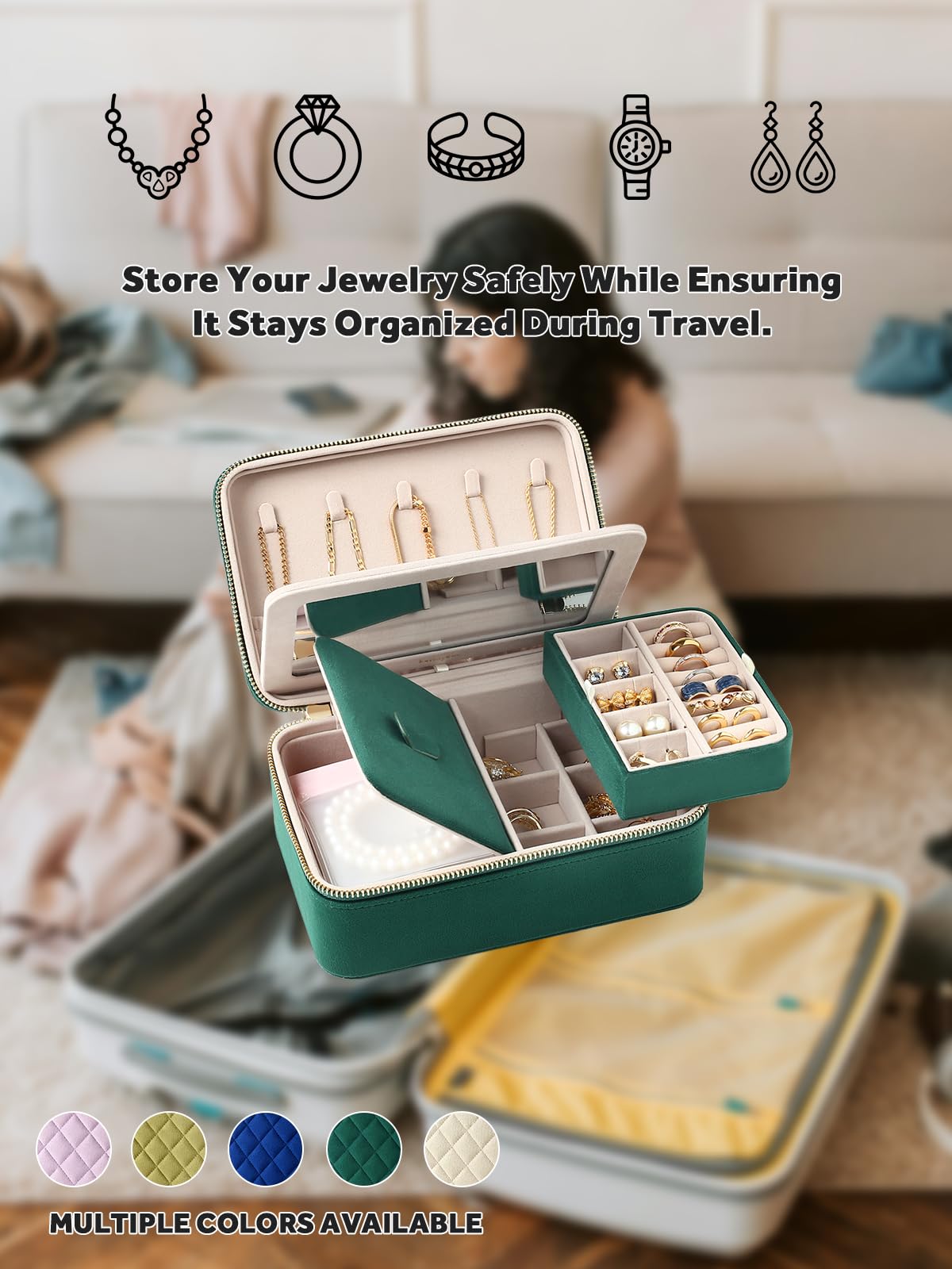 Velvet Travel Jewelry Box with Large Mirror, Double-Layer Jewelry Organizer Case for Women and Girls, Portable Storage Case with 6 Anti-Tarnish Bags Gift Ready for Her (Avocado Green)