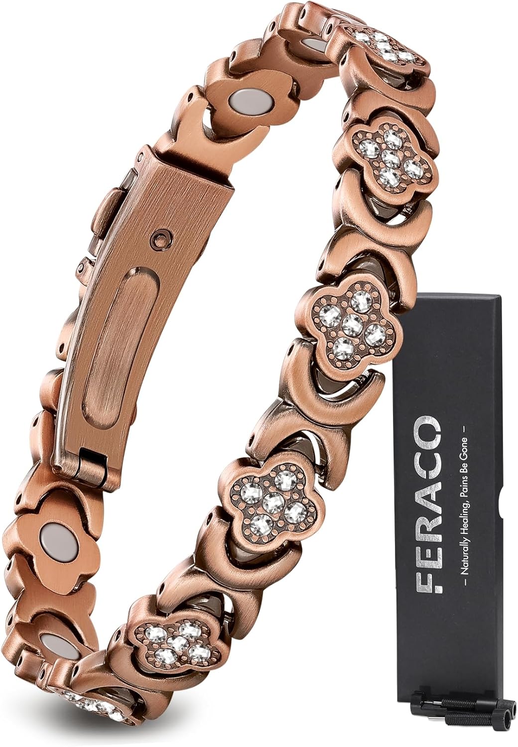 Feraco Pure Copper Bracelets for Women, Ultra Strength Magnetic Therapy Bracelet for Pain Relief with Neodymium Magnets & Sparkling Cubic Zirconia, Adjustable, Infinite Clover Jewelry