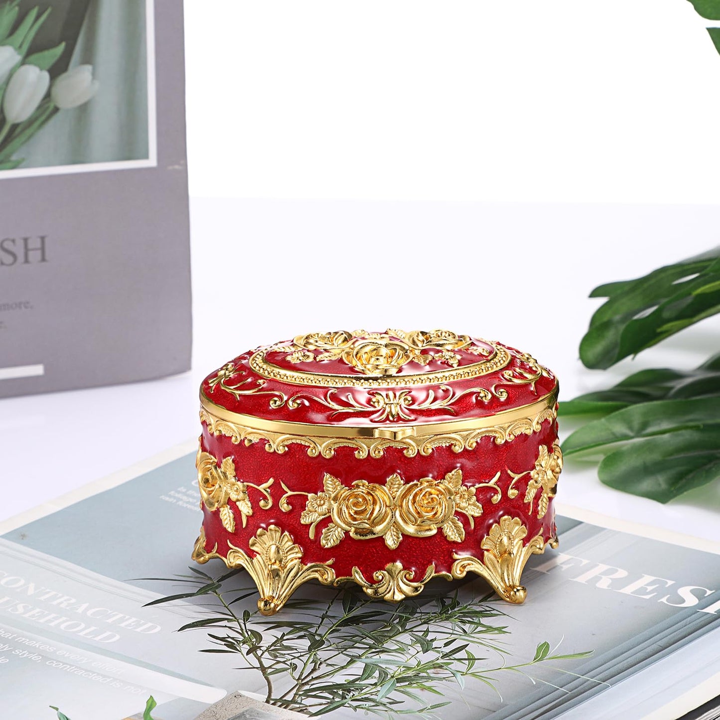 Hipiwe Vintage Metal Jewelry Box - Oval Trinket Organizer Ring Box Case with Rose Pattern Jewelry Storage Box for Ring Earrings Necklace, Gift for Women