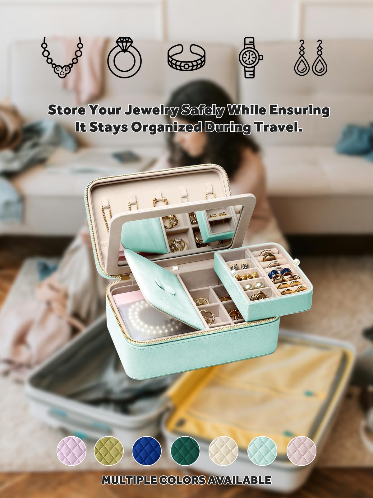 Velvet Travel Jewelry Box with Large Mirror, Double-Layer Jewelry Organizer Case for Women and Girls, Portable Storage Case with 6 Anti-Tarnish Bags Gift Ready for Her (Avocado Green)