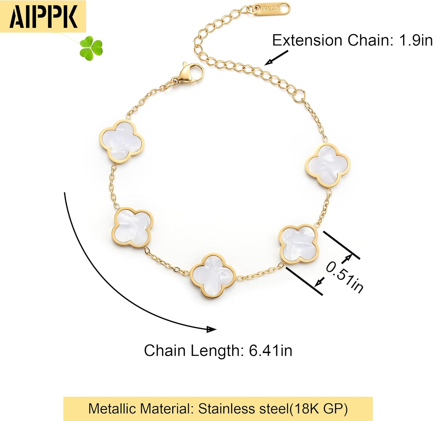 AIPPK 18K Gold Plated Clover Lucky Bracelet for Women White/Black/Red/Green Flower Four Leaf Link Bracelets Trendy Jewelry Gifts for Women