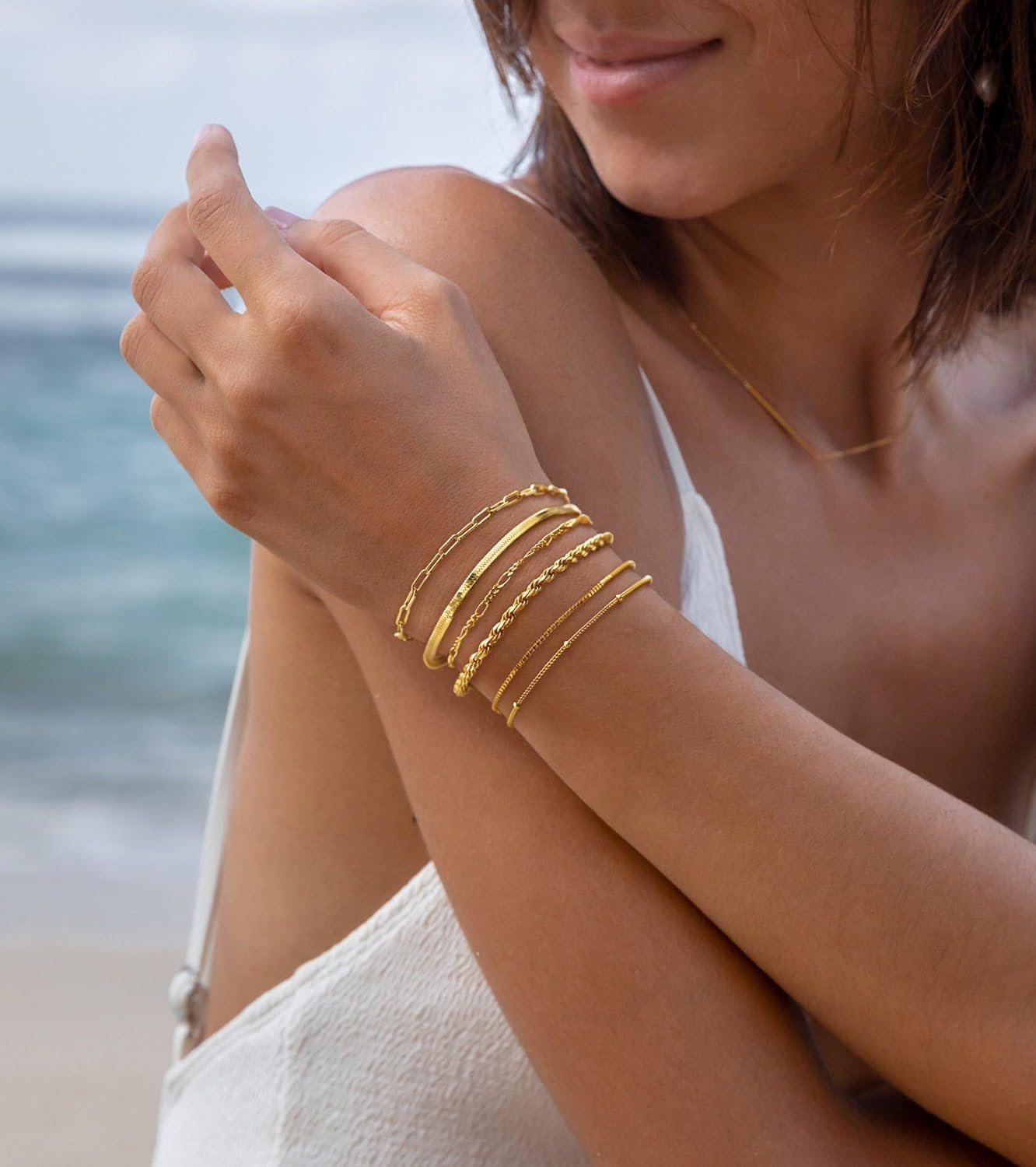 DEARMAY Gold Bracelets for Women Waterproof, 14K Gold Plated Stackable Jewelry Sets Non Tarnish Trendy Thin Dainty Cuban Link Paperclip Chain Bracelet Stack Fashion Accessories Gifts for Womens