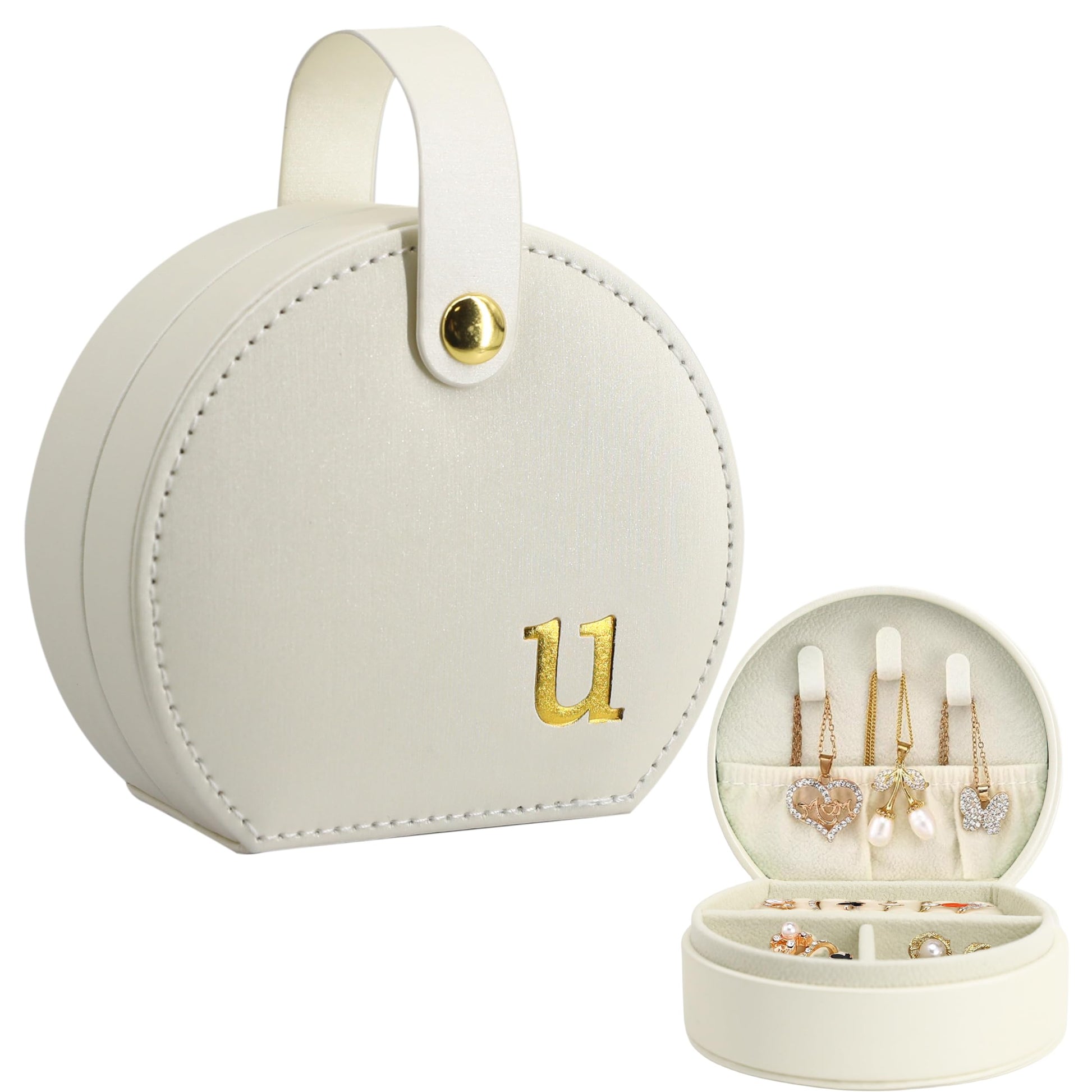 COLLECTIVE HOME - Travel Jewelry Case, Elegant Half-Moon Design with Gold Monogram, Detachable Handle, Personalized Accessory Organizer, Gift for Fashion-Forward Women and Teens (m)