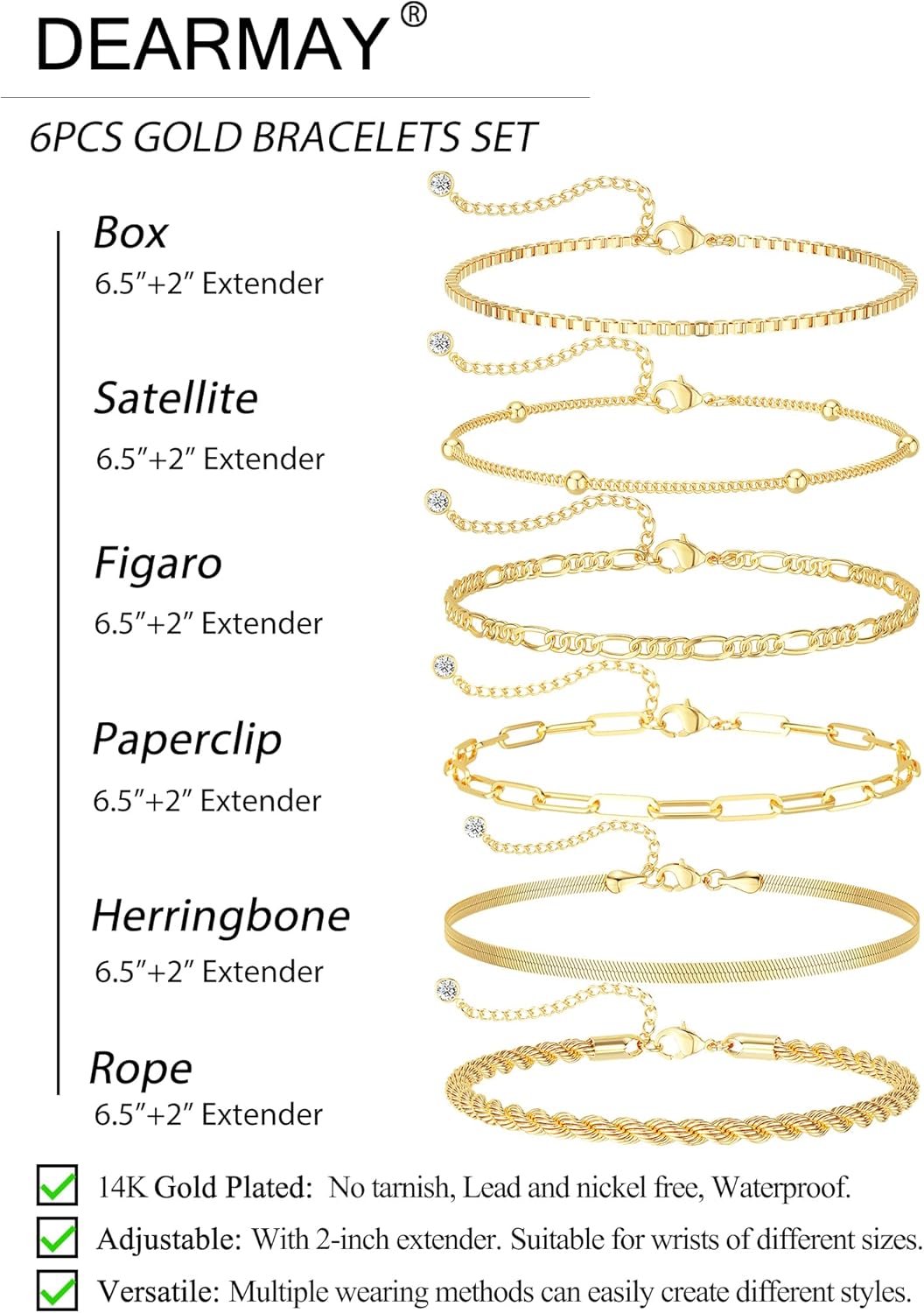 DEARMAY Gold Bracelets for Women Waterproof, 14K Gold Plated Stackable Jewelry Sets Non Tarnish Trendy Thin Dainty Cuban Link Paperclip Chain Bracelet Stack Fashion Accessories Gifts for Womens