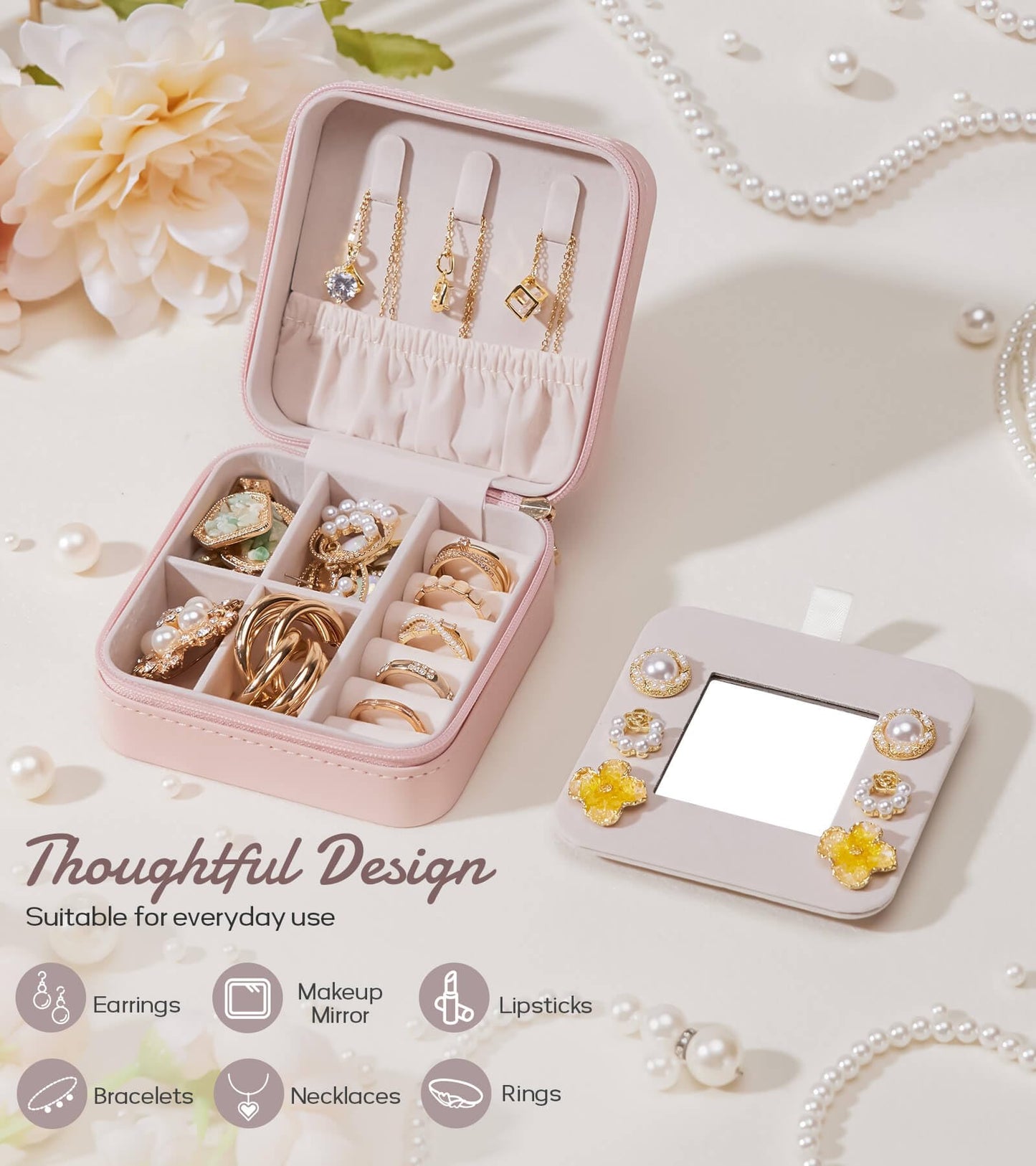 Enthralite Travel Jewelry Box for Girls: Traveling Ring Case Gift for Women - Mini Organizer for Necklaces Earrings White A
