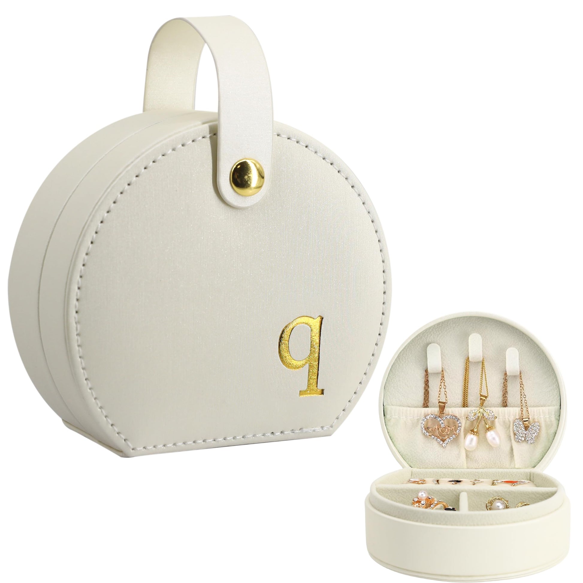 COLLECTIVE HOME - Travel Jewelry Case, Elegant Half-Moon Design with Gold Monogram, Detachable Handle, Personalized Accessory Organizer, Gift for Fashion-Forward Women and Teens (m)