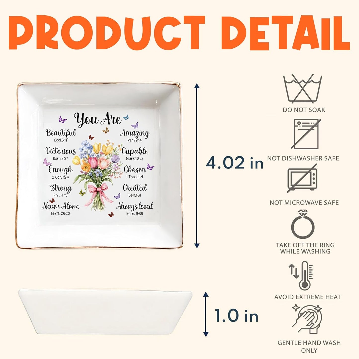 Christian Bible Verse Jewelry Dish Gift for Women, Christian Women 4" Ceramic Jewelry Tray, Mother's Day Gifts for Mom/Grandma, Confirmation Gifts for Teen Girls, Graduation Gifts for Daughter