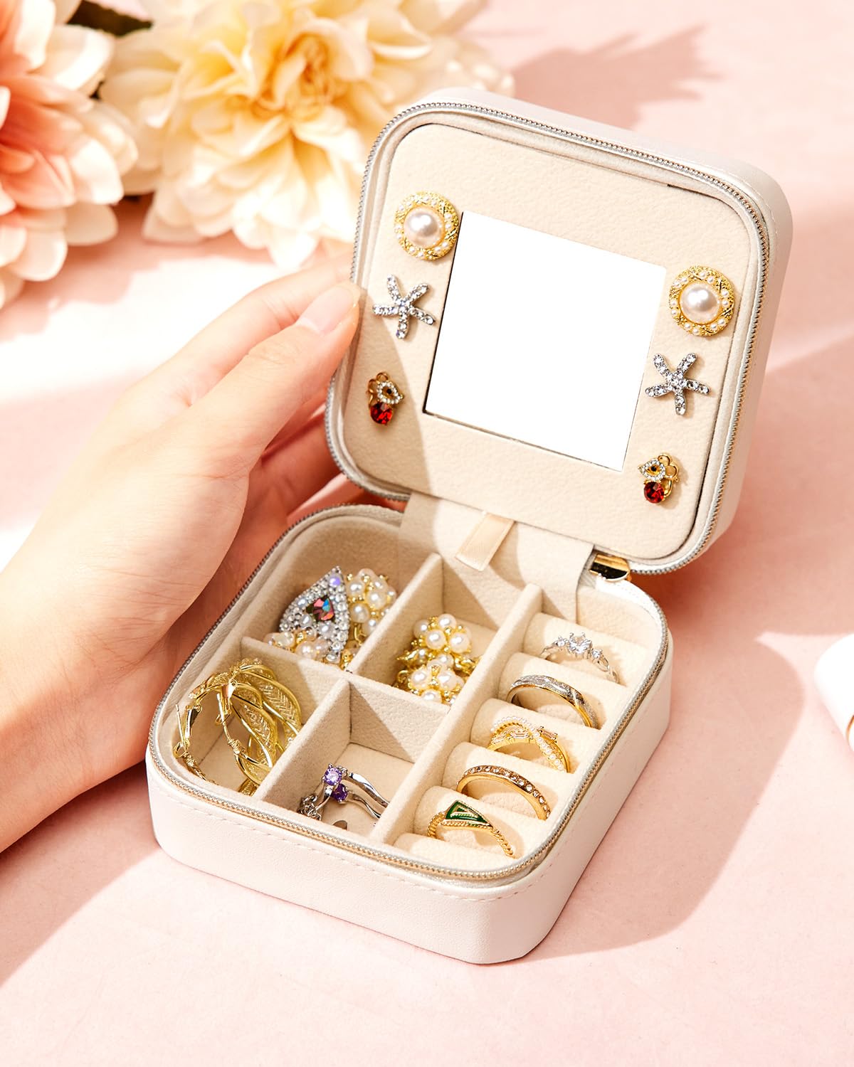 Enthralite Travel Jewelry Box for Girls: Traveling Ring Case Gift for Women - Mini Organizer for Necklaces Earrings White A