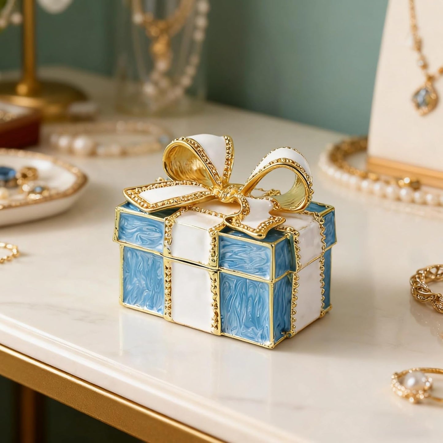 Small Jewelry Gift Box for Necklace, Earrings, Bracelet, Women Gifts, Alloy Bowknot Design, Blue and White Grid Pattern, Metallic Luster, Exquisite Enamel Craft, Inner Pad Protection