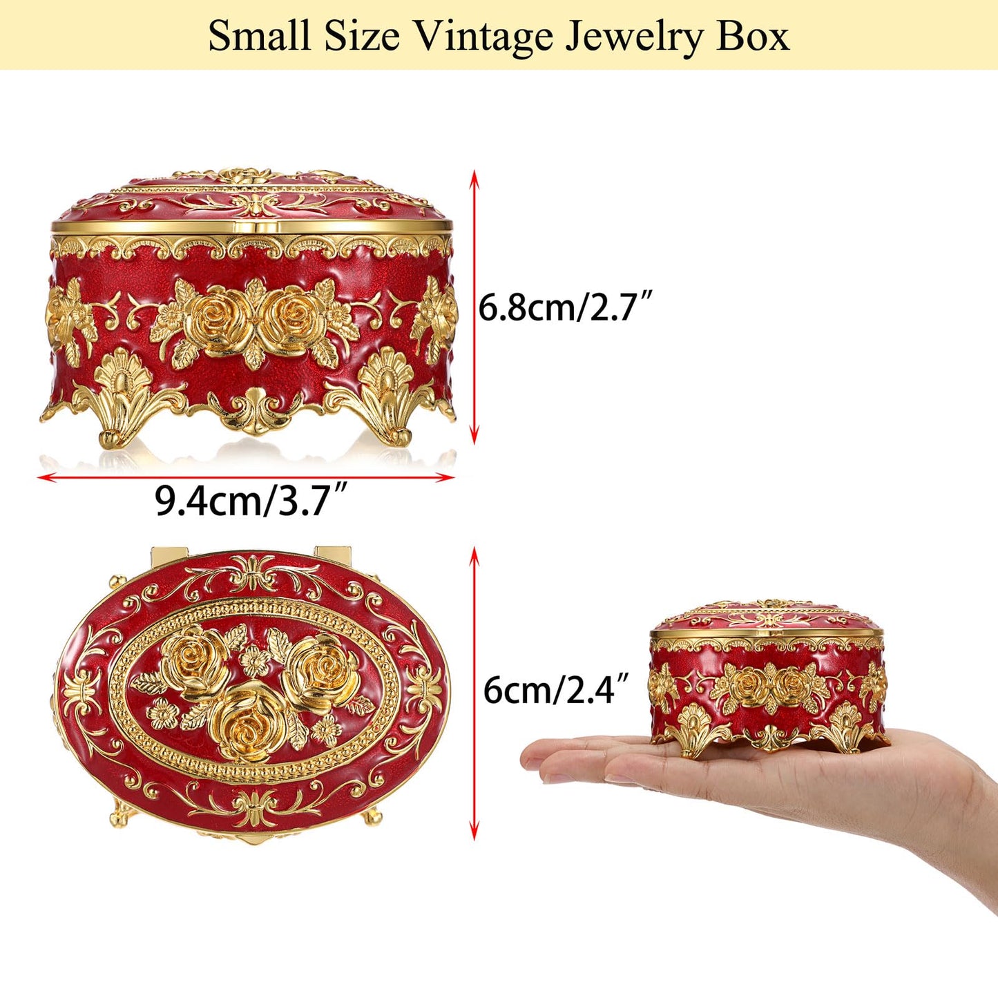 Hipiwe Vintage Metal Jewelry Box - Oval Trinket Organizer Ring Box Case with Rose Pattern Jewelry Storage Box for Ring Earrings Necklace, Gift for Women