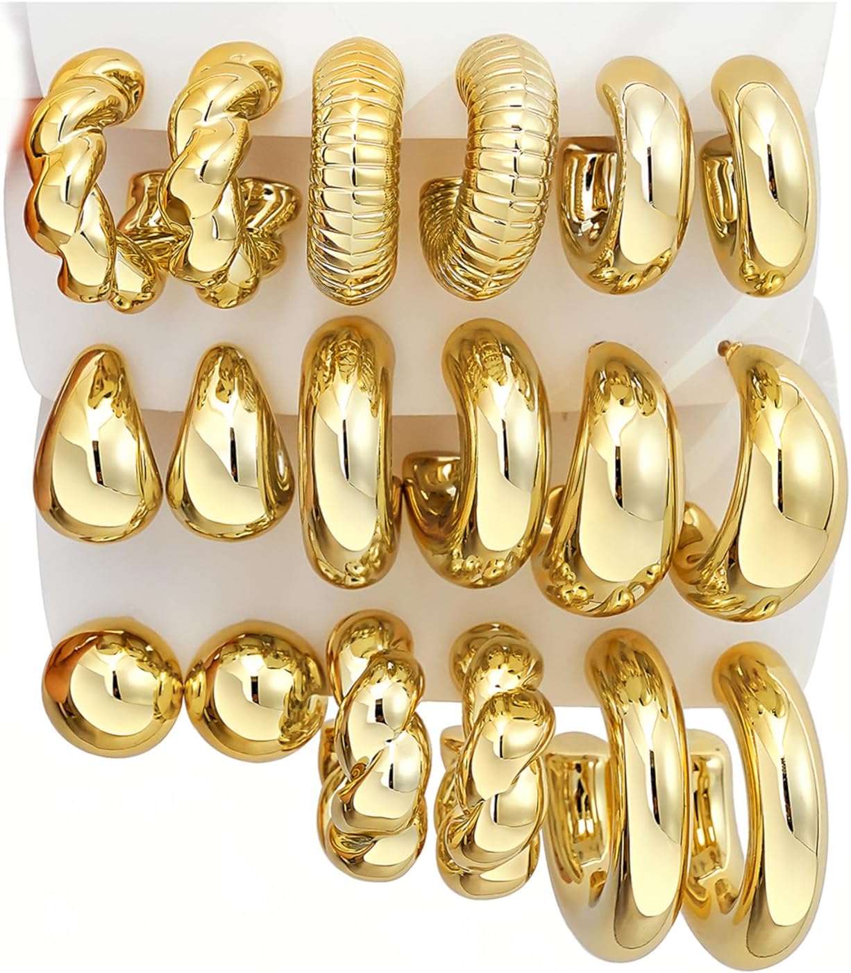 12 Pairs Chunky Gold Hoop Earrings for Women Trendy, Gold Plated Lightweight Hypoallergenic Stack, Thick Open Twisted Huggie Hoops Earring Set