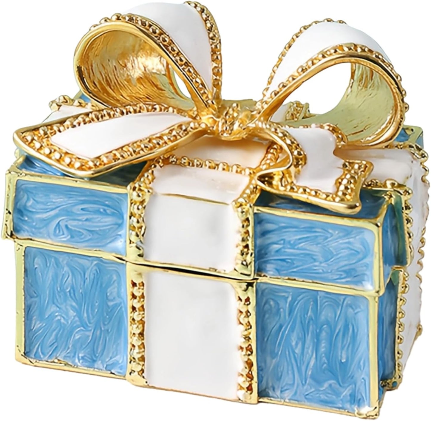 Small Jewelry Gift Box for Necklace, Earrings, Bracelet, Women Gifts, Alloy Bowknot Design, Blue and White Grid Pattern, Metallic Luster, Exquisite Enamel Craft, Inner Pad Protection