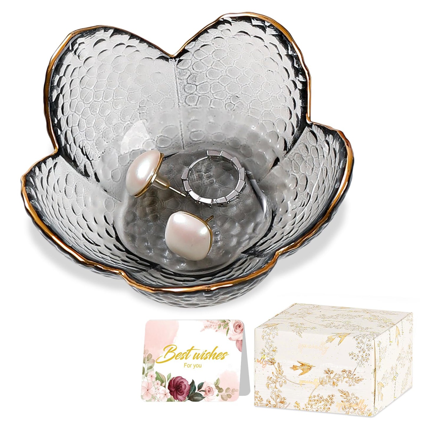 Purple Flower Jewelry Dish Glass Ring Holder Dish Jewelry Tray Cute Vanity Organizer Aesthetic Nightstand Bathroom Room Decor Trinket Dish Mothers Day Friendship Christmas Birthday Gifts for Women