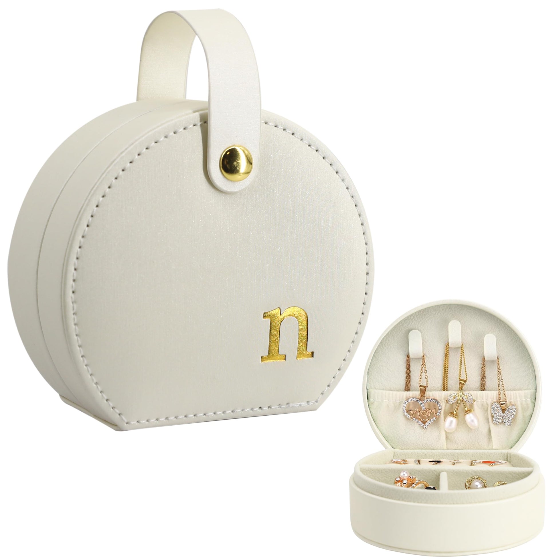 COLLECTIVE HOME - Travel Jewelry Case, Elegant Half-Moon Design with Gold Monogram, Detachable Handle, Personalized Accessory Organizer, Gift for Fashion-Forward Women and Teens (m)